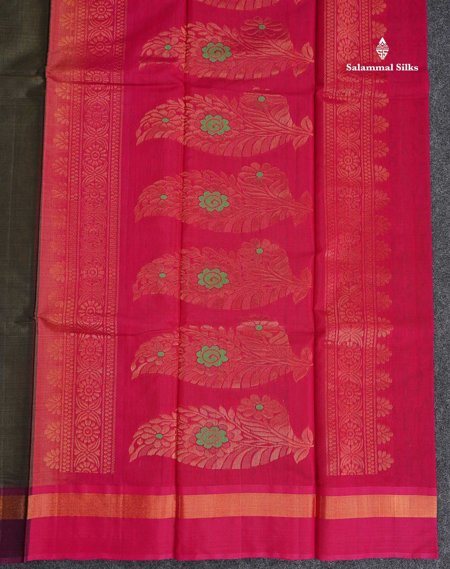 SICO Cotton Saree - Mehandi Green Colour Body With Copper Zari Butta & Magenta Border