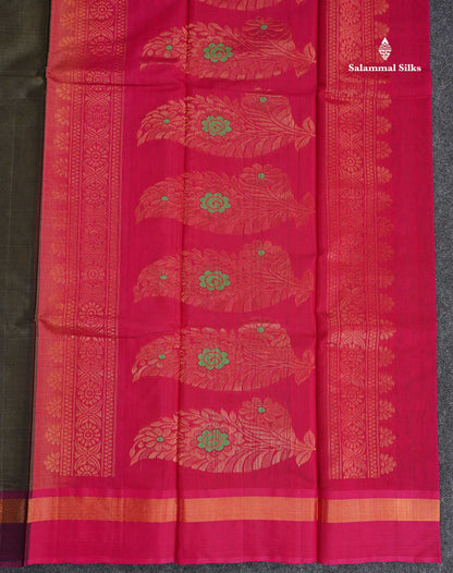 SICO Cotton Saree - Mehandi Green Colour Body With Copper Zari Butta & Magenta Border