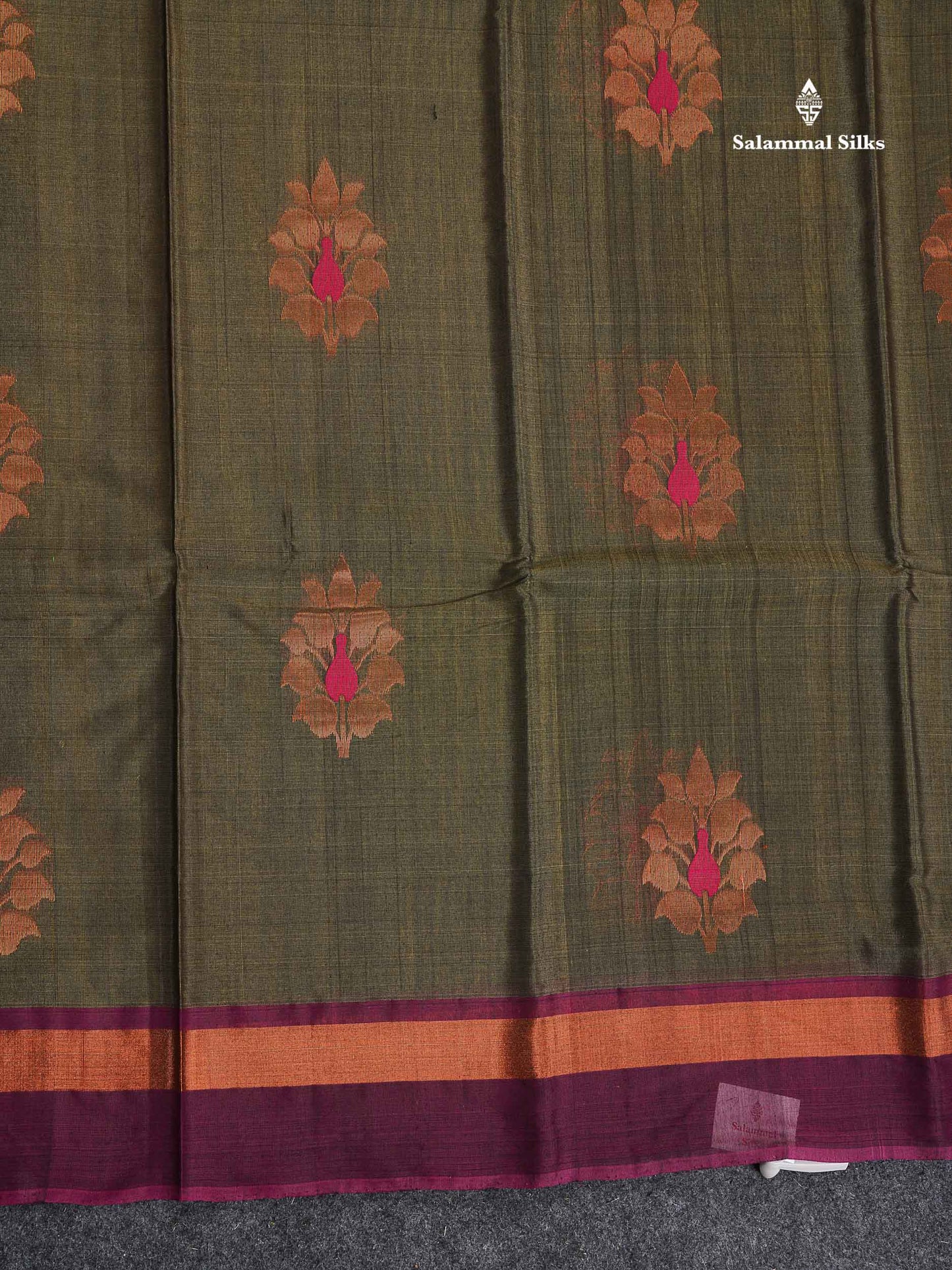 SICO Cotton Saree - Mehandi Green Colour Body With Copper Zari Butta & Magenta Border