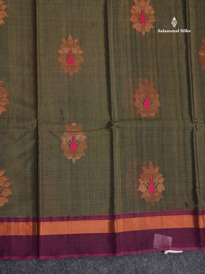 SICO Cotton Saree - Mehandi Green Colour Body With Copper Zari Butta & Magenta Border