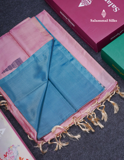 Pastel Blue Thread work Buttas Banana Pinth Saree (Vaazhainaar Pattu) With Contrast Baby Pink Blouse
