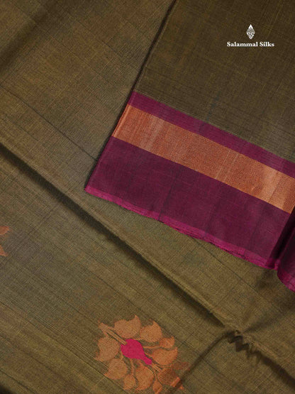SICO Cotton Saree - Mehandi Green Colour Body With Copper Zari Butta & Magenta Border