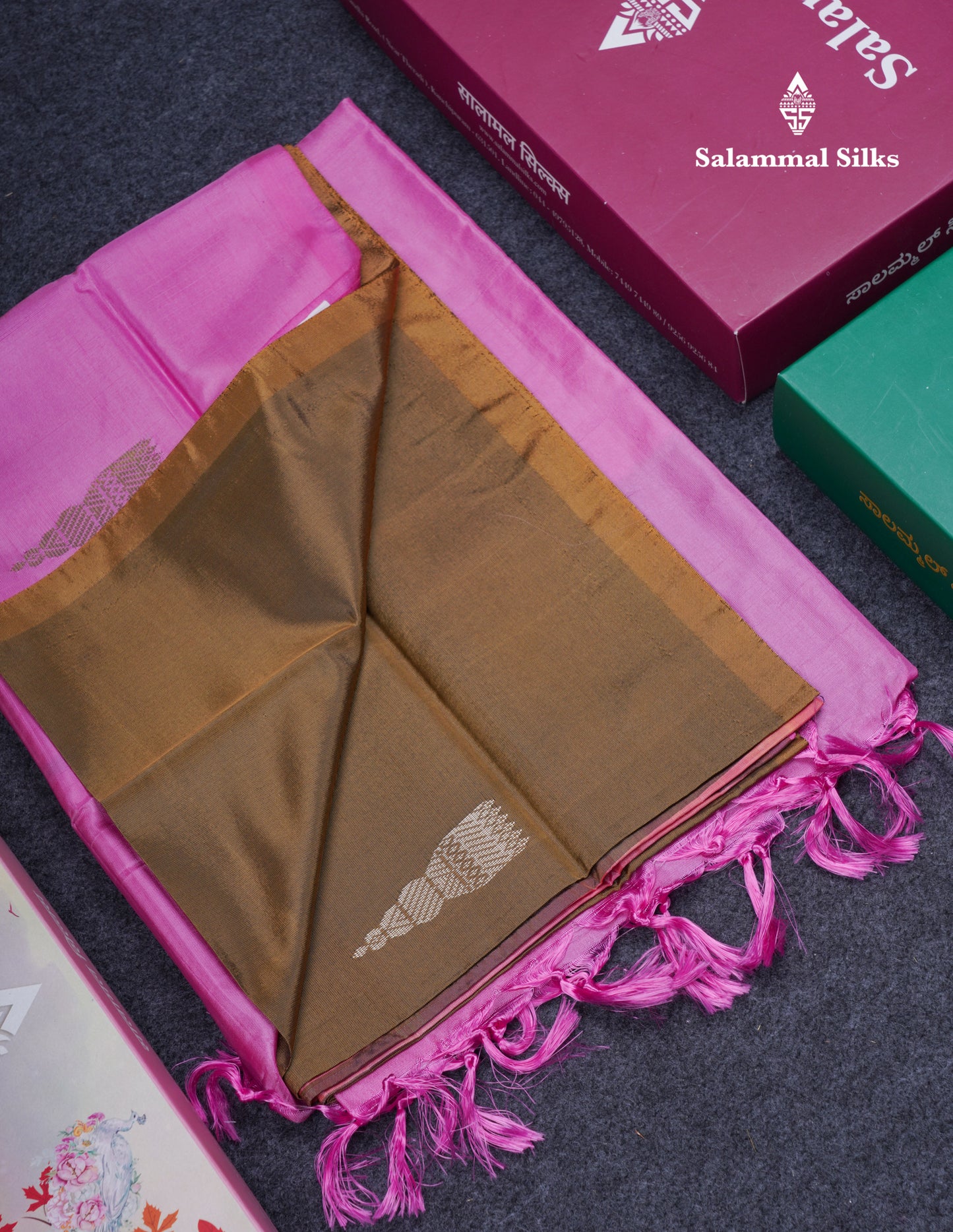 Olive Mustard Yellow Thread work Buttas Banana Pinth Saree (Vaazhainaar Pattu) With Contrast Pink Blouse