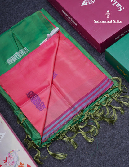 Pinkish Peach Thread work Buttas Banana Pinth Saree (Vaazhainaar Pattu) With Contrast Saffire Green Blouse