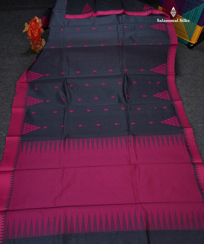 Kota Cotton Saree - Dark Grey Colour Body Thread Butta With Pink Traditional Border