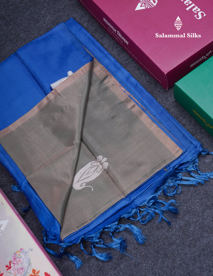 Elephant Grey Thread work Buttas Banana Pinth Saree (Vaazhainaar Pattu) With Contrast Navy Blue Blouse