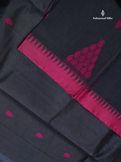 Kota Cotton Saree - Dark Grey Colour Body Thread Butta With Pink Traditional Border