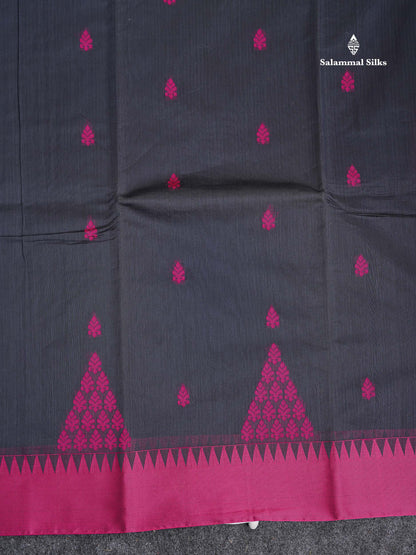 Kota Cotton Saree - Dark Grey Colour Body Thread Butta With Pink Traditional Border