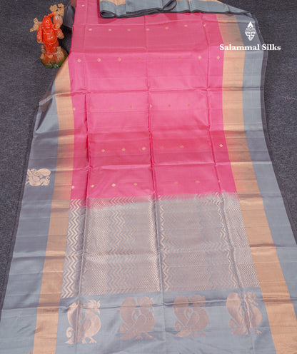 Beautiful Pink Pure Kanjivaram Soft Silk Saree With Ash Border