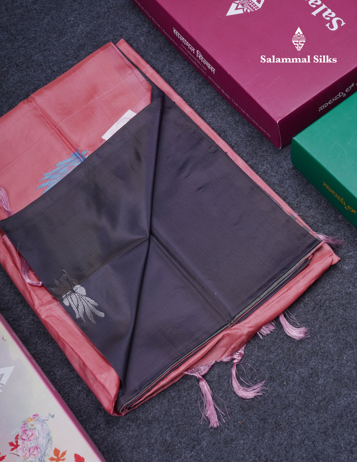 Navy Blue Thread work Buttas Banana Pinth Saree (Vaazhainaar Pattu) With Contrast Dark Peach Blouse