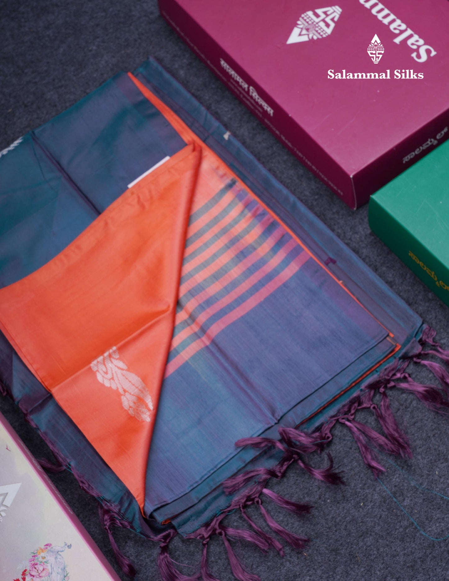 Orange Thread work Buttas Banana Pinth Saree (Vaazhainaar Pattu) With Contrast Dual Tone Peacock Blue Blouse