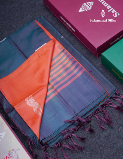 Orange Thread work Buttas Banana Pinth Saree (Vaazhainaar Pattu) With Contrast Dual Tone Peacock Blue Blouse
