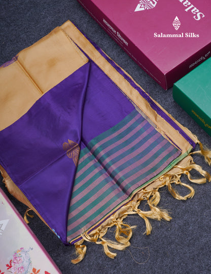 Violet Thread work Buttas Banana Pinth Saree (Vaazhainaar Pattu) With Contrast Sandal Blouse