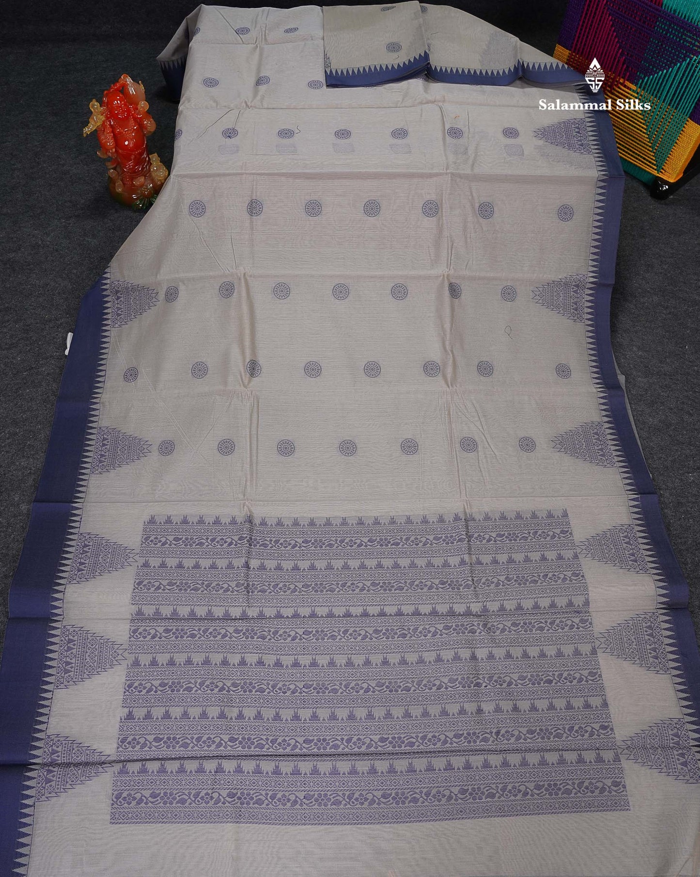 Kota Cotton Saree - Grey White Colour Body Thread Butta With Navy Blue Traditional Border