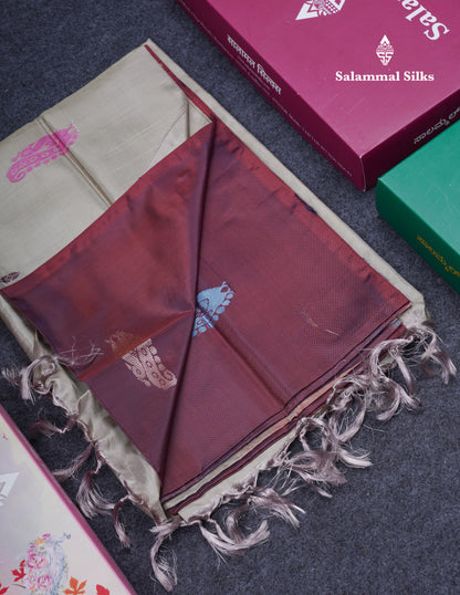 Dark Maroon Thread work Buttas Banana Pinth Saree (Vaazhainaar Pattu) With Contrast Cream White Blouse