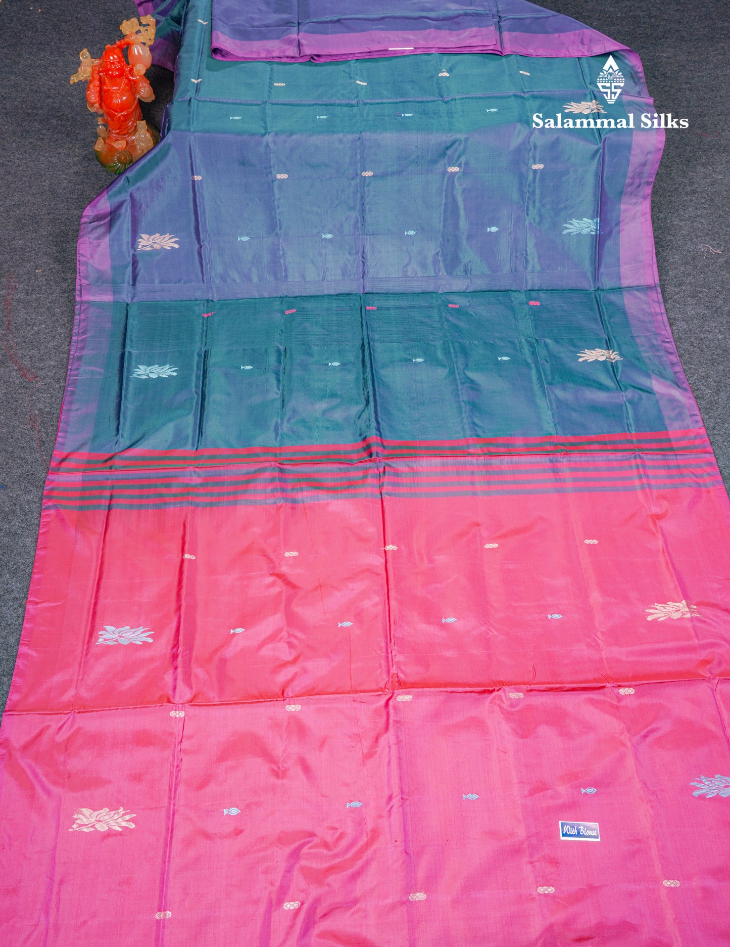 Peacock Blue Thread work Buttas Banana Pinth Saree (Vaazhainaar Pattu) With Contrast Magenta Pink Blouse