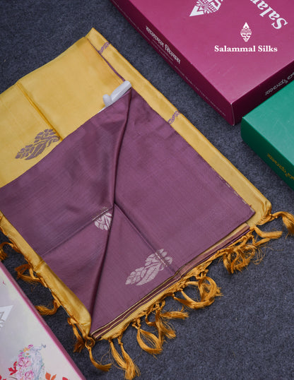Light Violet Thread work Buttas Banana Pinth Saree (Vaazhainaar Pattu) With Contrast Light Yellow Blouse