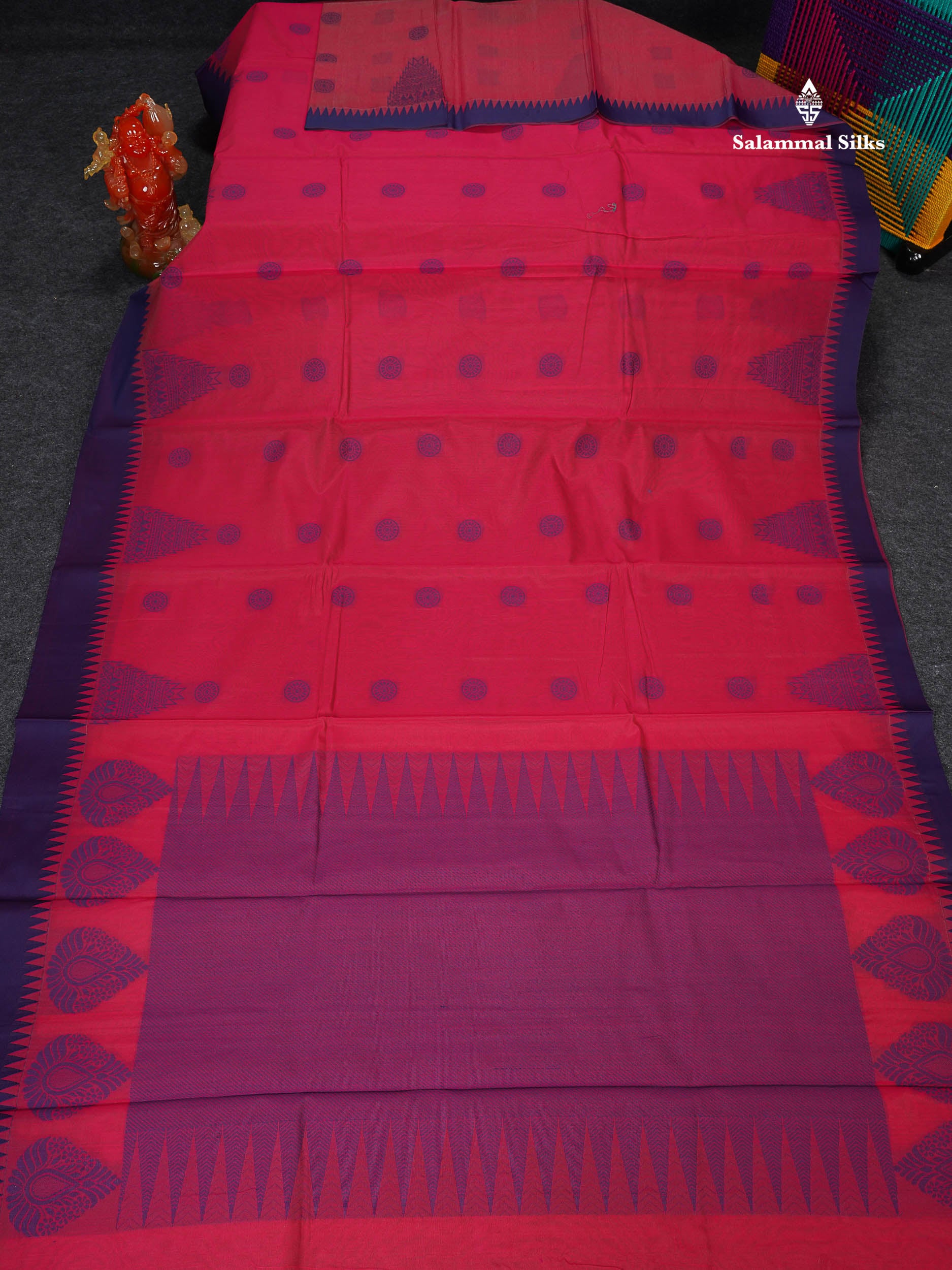 Kota Cotton Saree - Redish Pink Colour Body Thread Butta With Navy Blue Traditional Border