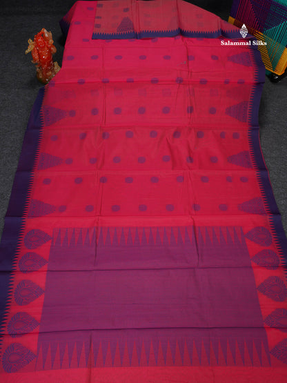 Kota Cotton Saree - Redish Pink Colour Body Thread Butta With Navy Blue Traditional Border