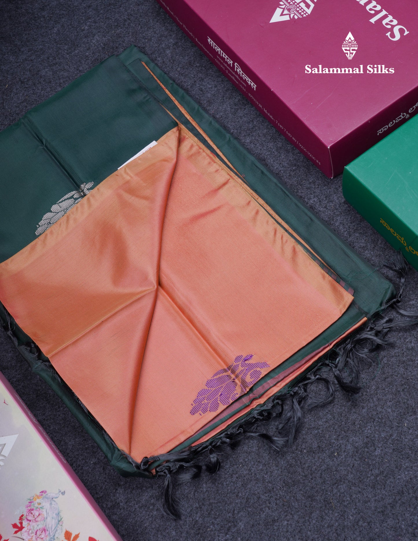 Orange Thread work Buttas Banana Pinth Saree (Vaazhainaar Pattu) With Contrast Bottle Green Blouse