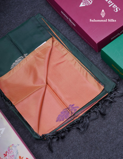 Orange Thread work Buttas Banana Pinth Saree (Vaazhainaar Pattu) With Contrast Bottle Green Blouse