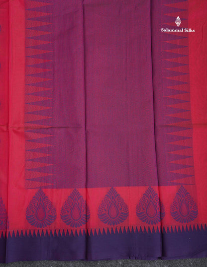 Kota Cotton Saree - Redish Pink Colour Body Thread Butta With Navy Blue Traditional Border