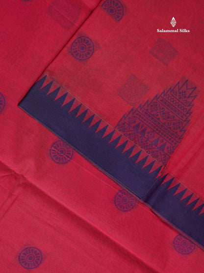 Kota Cotton Saree - Redish Pink Colour Body Thread Butta With Navy Blue Traditional Border