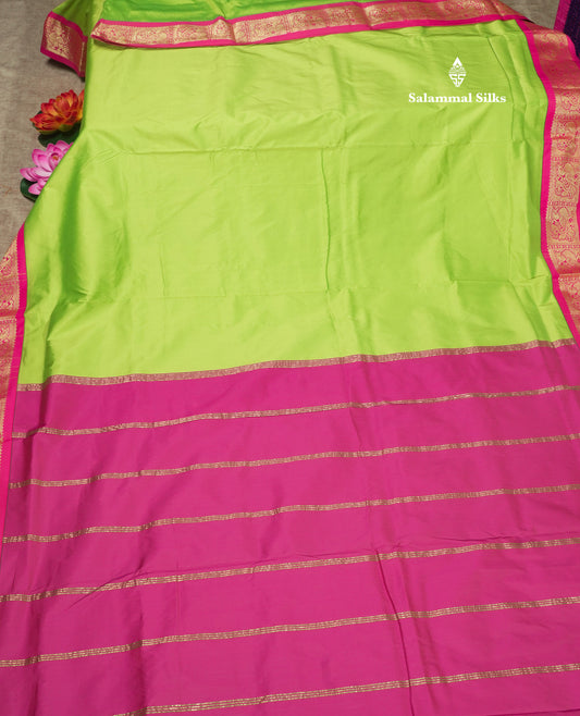 9.5 Yards Semi Silk Saree Parrot Green with Contrast Pink Traditional Border