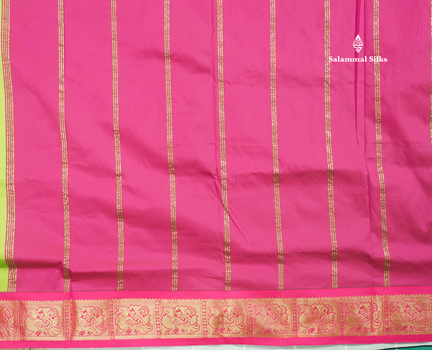 9.5 Yards Semi Silk Saree Parrot Green with Contrast Pink Traditional Border