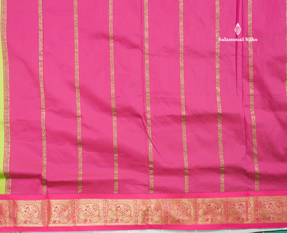 9.5 Yards Semi Silk Saree Parrot Green with Contrast Pink Traditional Border