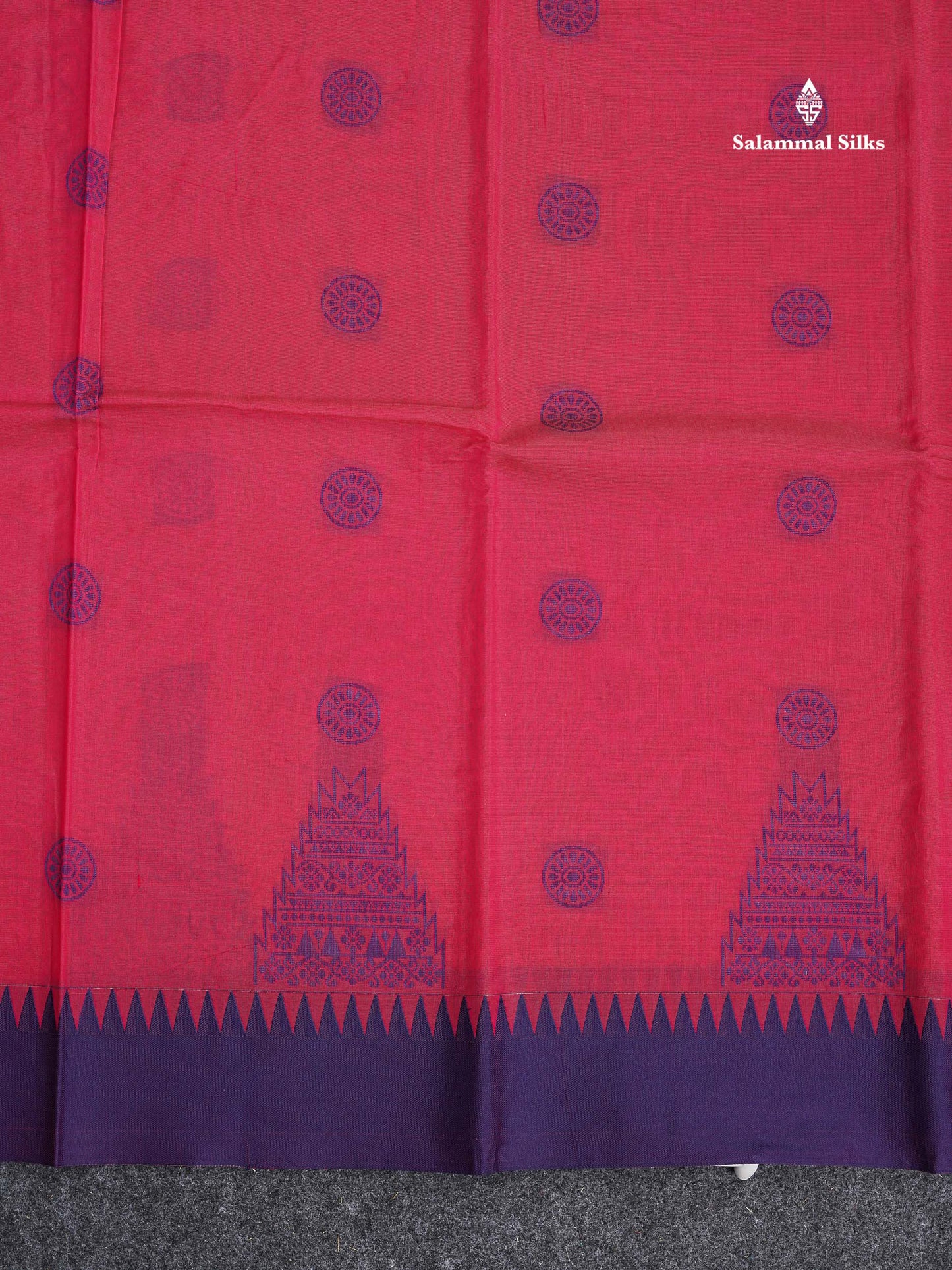 Kota Cotton Saree - Redish Pink Colour Body Thread Butta With Navy Blue Traditional Border