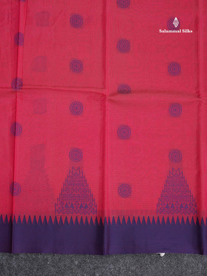 Kota Cotton Saree - Redish Pink Colour Body Thread Butta With Navy Blue Traditional Border