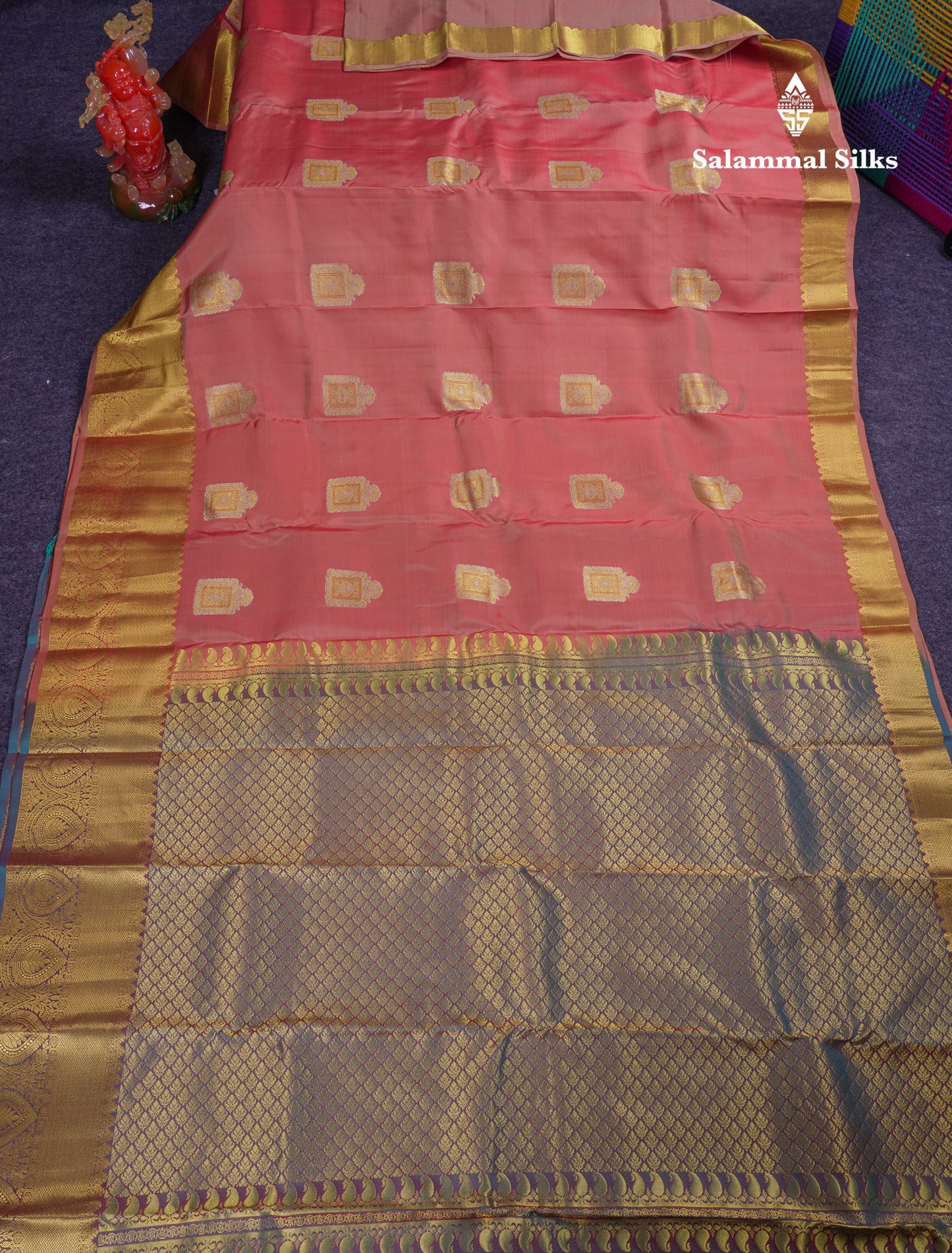 Beautiful Peach Puremix Silk Saree With Contrast Dual Tone Peacock Blue Blouse