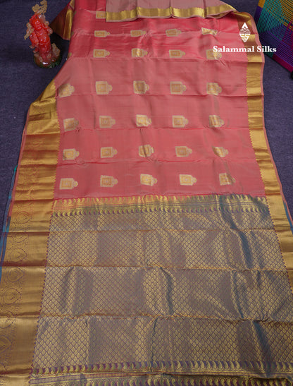 Beautiful Peach Puremix Silk Saree With Contrast Dual Tone Peacock Blue Blouse
