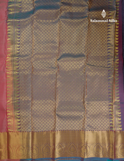 Beautiful Peach Puremix Silk Saree With Contrast Dual Tone Peacock Blue Blouse
