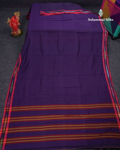 Beautiful Violet Plain Pure Cotton Saree With Ikkat Design Small Border