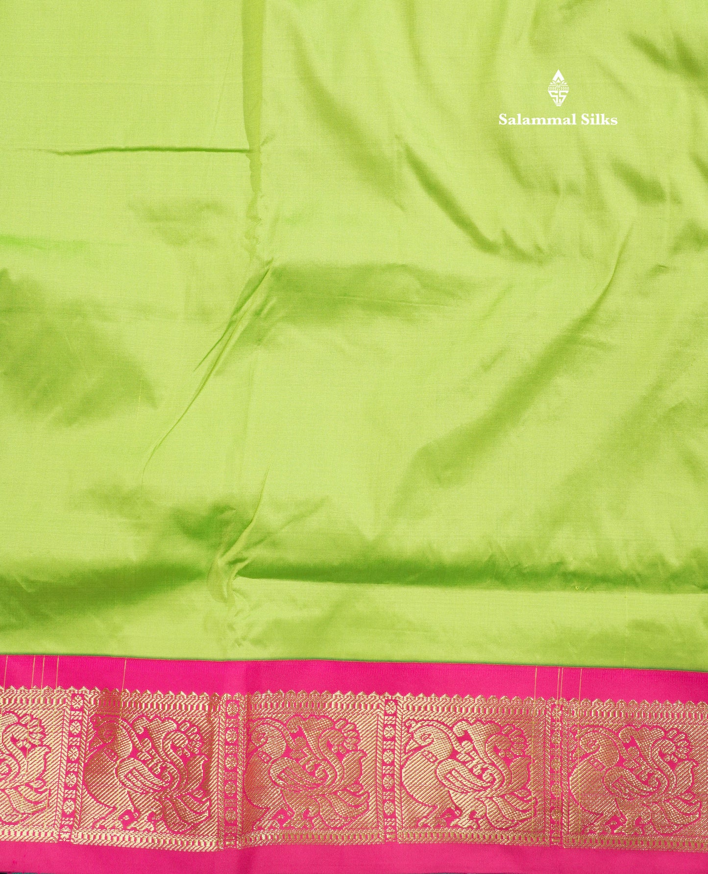 9.5 Yards Semi Silk Saree Parrot Green with Contrast Pink Traditional Border
