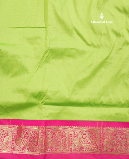 9.5 Yards Semi Silk Saree Parrot Green with Contrast Pink Traditional Border