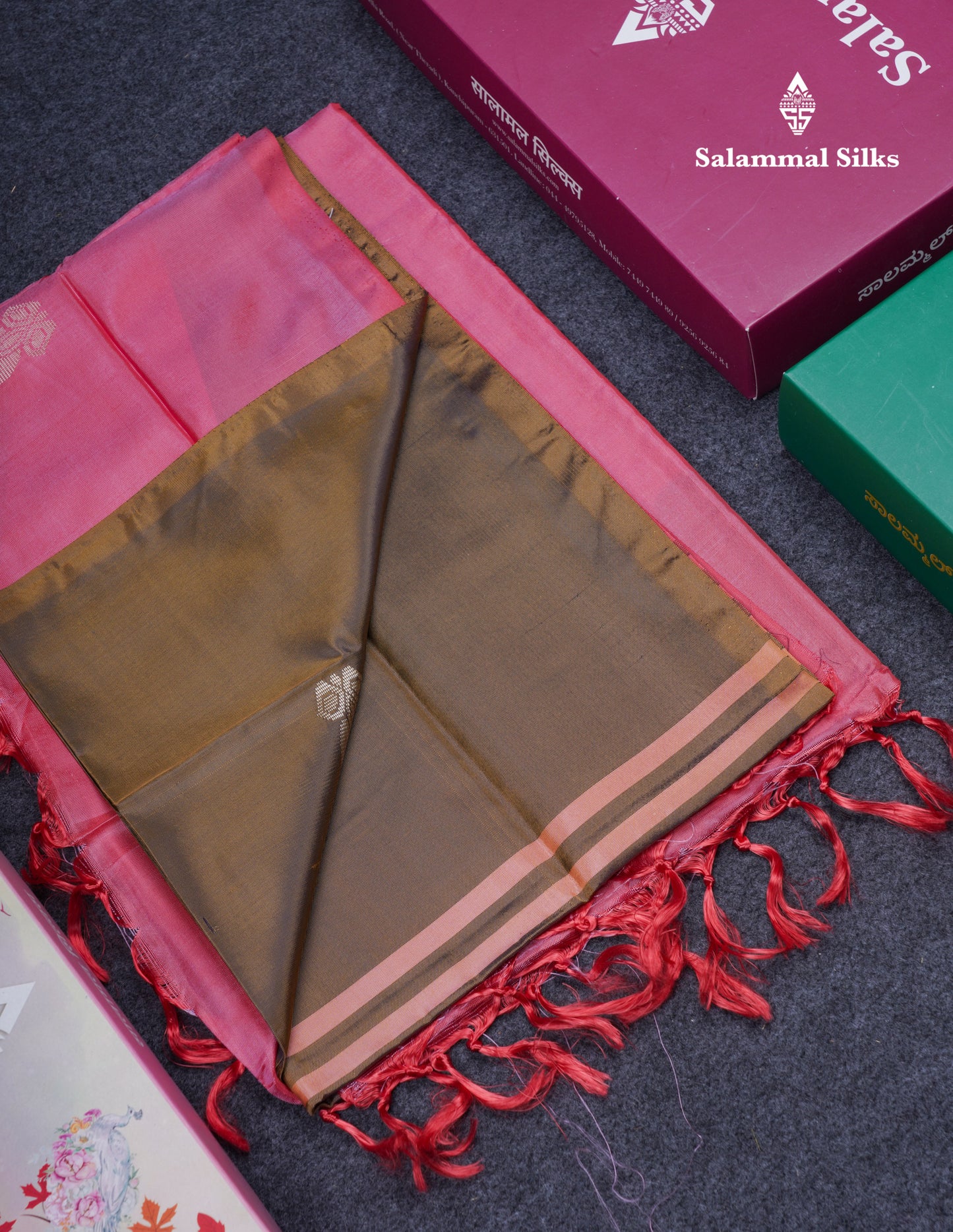 Olive Mustard Yellow Thread work Buttas Banana Pinth Saree (Vaazhainaar Pattu) With Contrast Pink Blouse