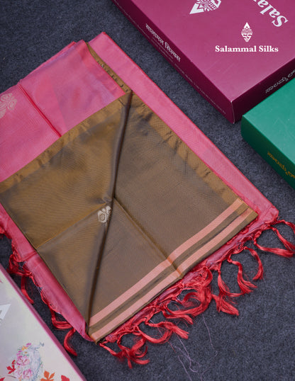 Olive Mustard Yellow Thread work Buttas Banana Pinth Saree (Vaazhainaar Pattu) With Contrast Pink Blouse
