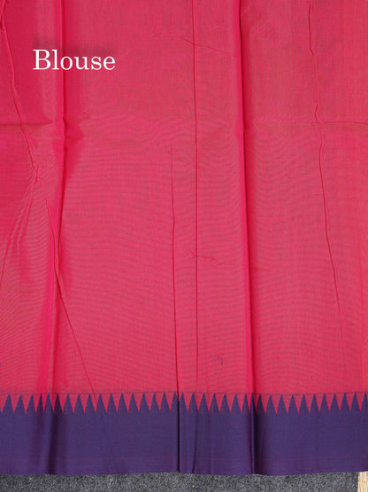 Kota Cotton Saree - Redish Pink Colour Body Thread Butta With Navy Blue Traditional Border