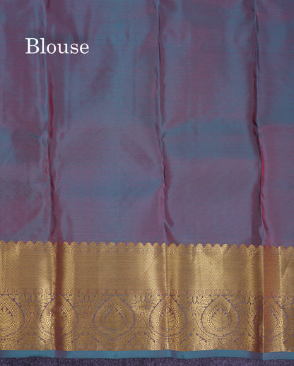 Beautiful Peach Puremix Silk Saree With Contrast Dual Tone Peacock Blue Blouse
