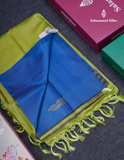 Royal Blue Thread work Buttas Banana Pinth Saree (Vaazhainaar Pattu) With Contrast Parrot Green Blouse