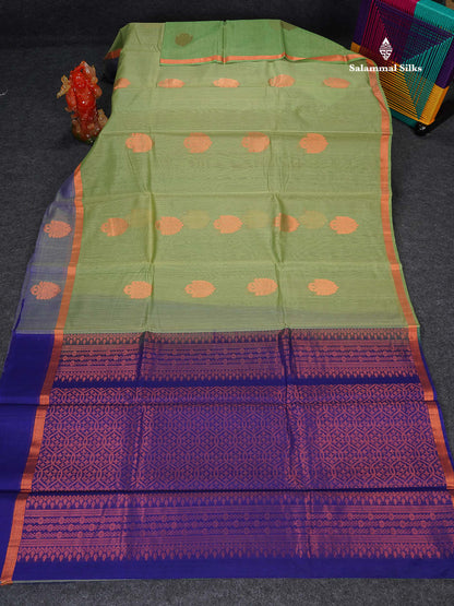 SICO Cotton Saree - Light Parrot Green Colour Body With Copper Zari Butta & Royal Blue Blouse