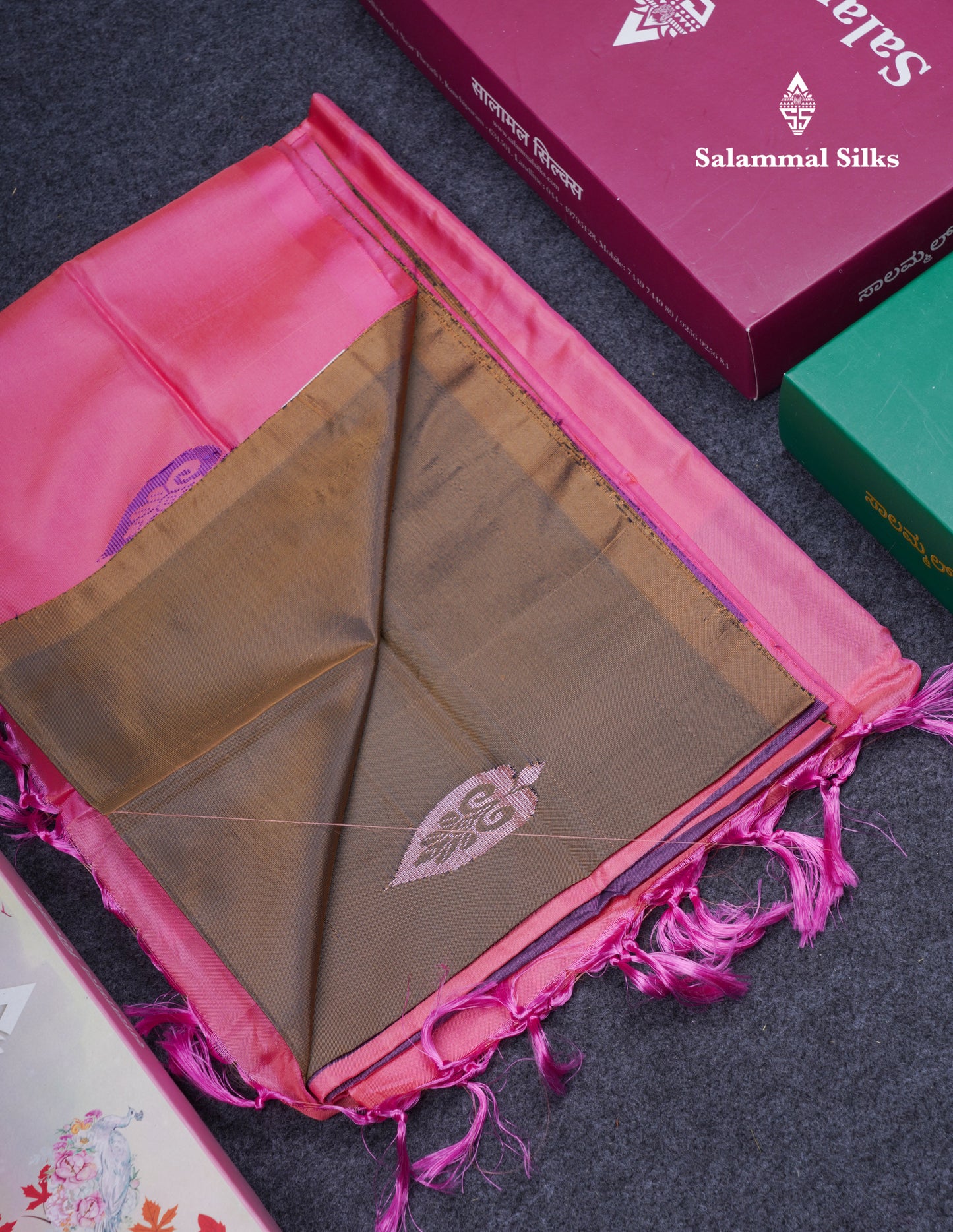 Olive Mustard Yellow Thread work Buttas Banana Pinth Saree (Vaazhainaar Pattu) With Contrast Pink Blouse