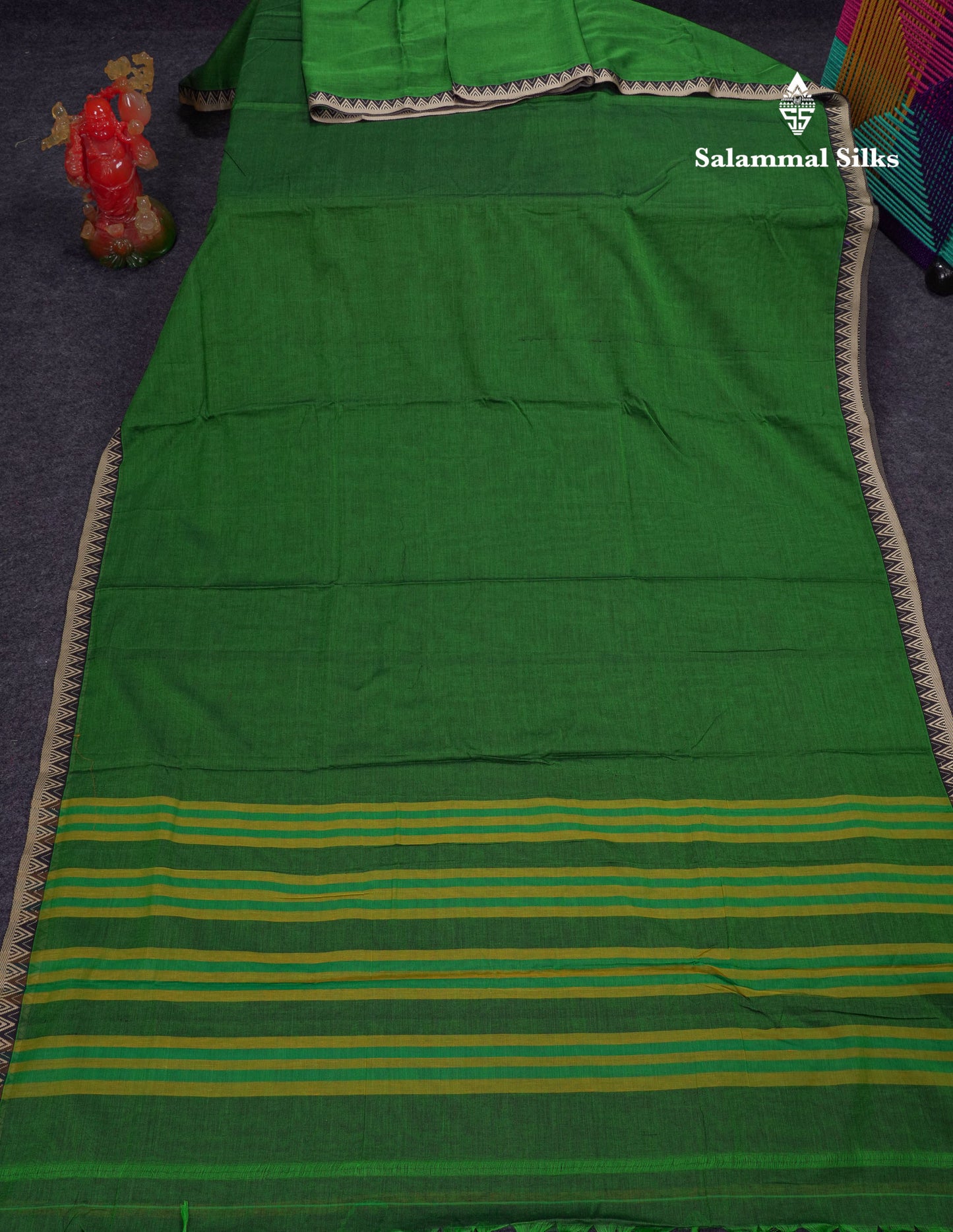 Beautiful Bottle Green Plain Pure Cotton Saree With Traditional Thread Work Small Temple Border