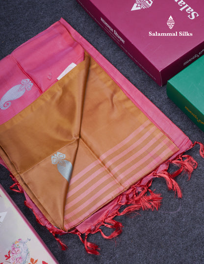 Brown Thread work Buttas Banana Pinth Saree (Vaazhainaar Pattu) With Contrast Pink Blouse