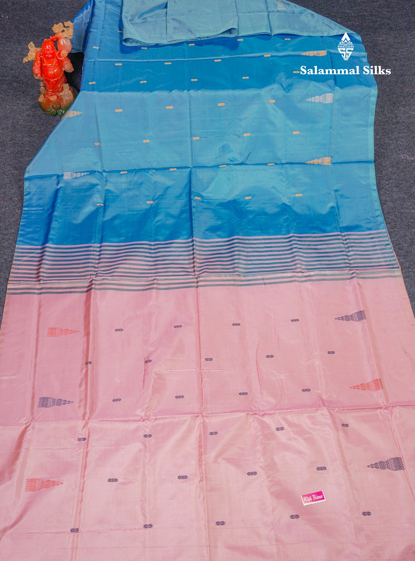 Light Ramar Blue Thread work Buttas Banana Pinth Saree (Vaazhainaar Pattu) With Contrast Baby Pink Blouse