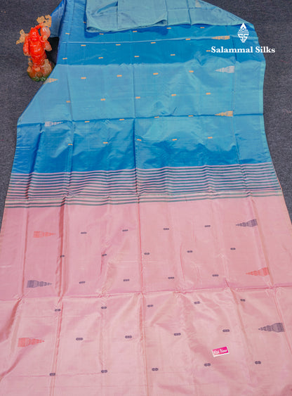 Light Ramar Blue Thread work Buttas Banana Pinth Saree (Vaazhainaar Pattu) With Contrast Baby Pink Blouse