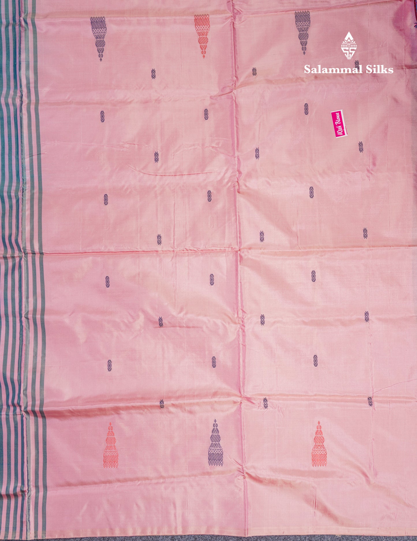 Light Ramar Blue Thread work Buttas Banana Pinth Saree (Vaazhainaar Pattu) With Contrast Baby Pink Blouse